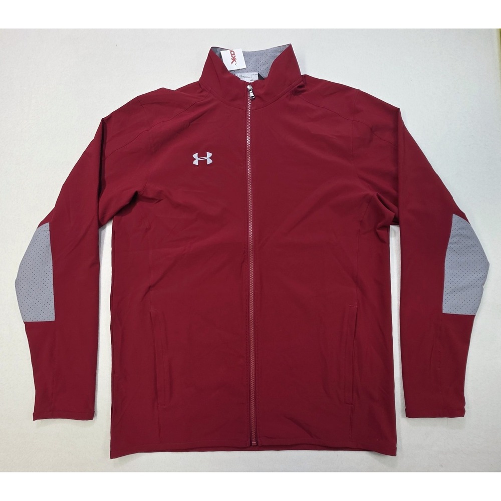 Under Armour Jacket Mens M Gray Maroon Full Zip Water-Resistant Windbreaker